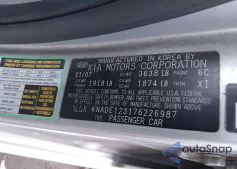 2007 Kia Rio Lx из США, поврежденный, VIN KNADE123176226987